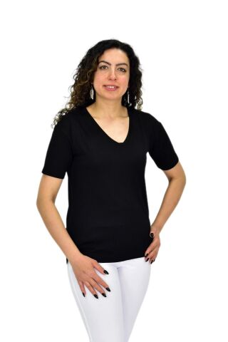 Kadın Yarım Kol V Yaka Likralı Tişöt  BGL-ST04651 SİYAH - S