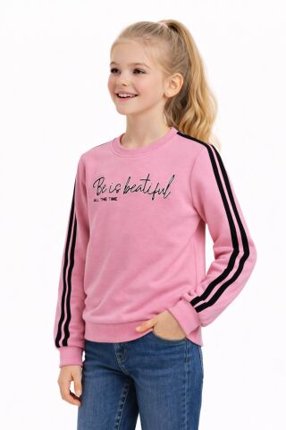Kız Çocuk Kol Şeritli Sweatshirt BGL-ST05269 PEMBE - 12 YAŞ