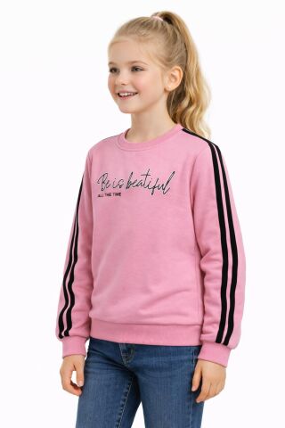 Kız Çocuk Kol Şeritli Sweatshirt BGL-ST05269 PEMBE - 9 YAŞ