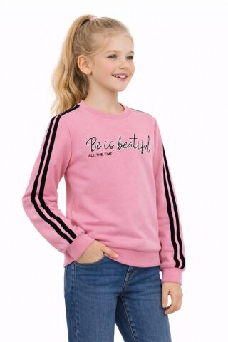 Kız Çocuk Kol Şeritli Sweatshirt BGL-ST05269 PEMBE - 9 YAŞ