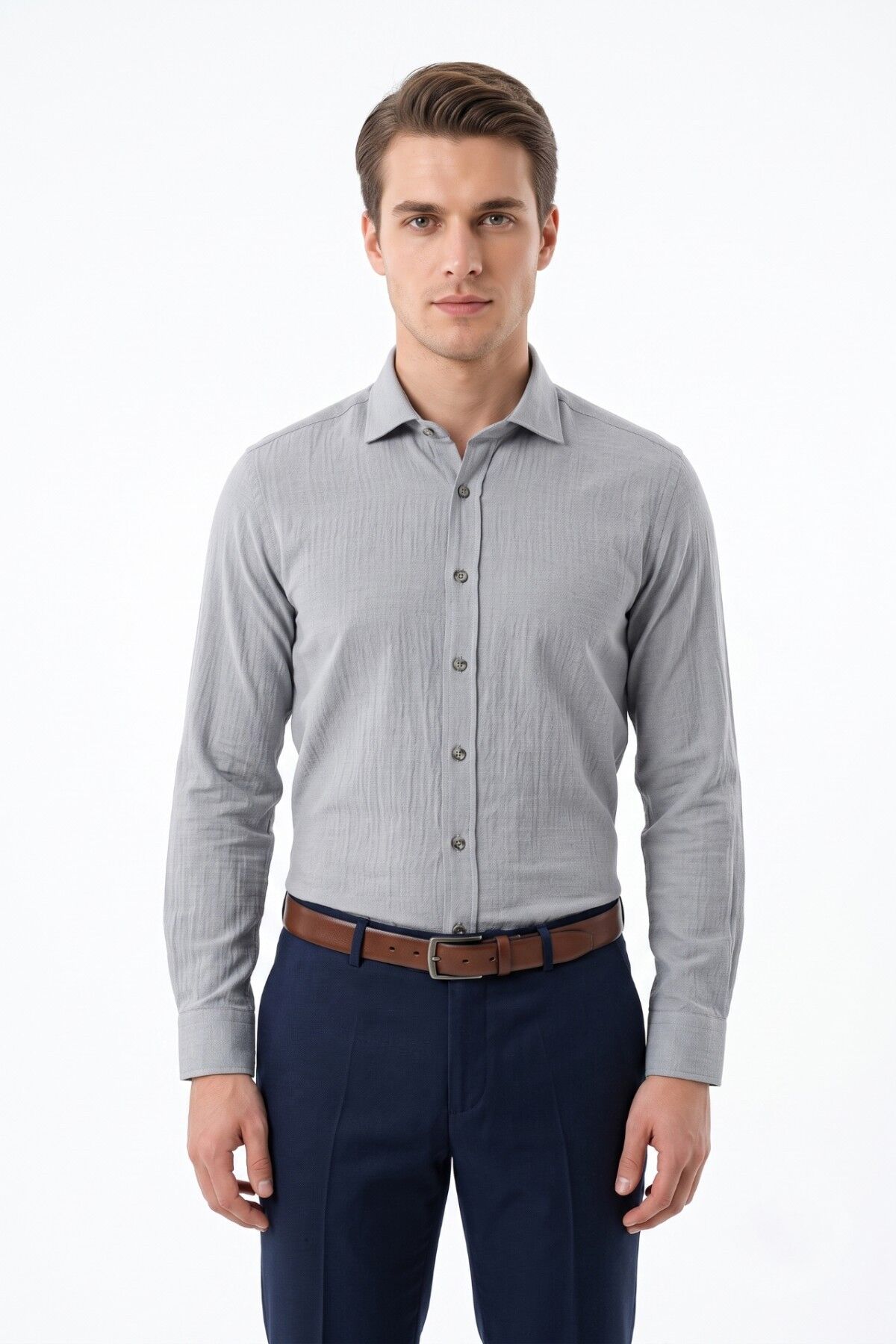 Erkek Slim Fitt Uzun Kol % 100 Pamuk Gömlek 2429 BGL-ST05603 GRİ - L