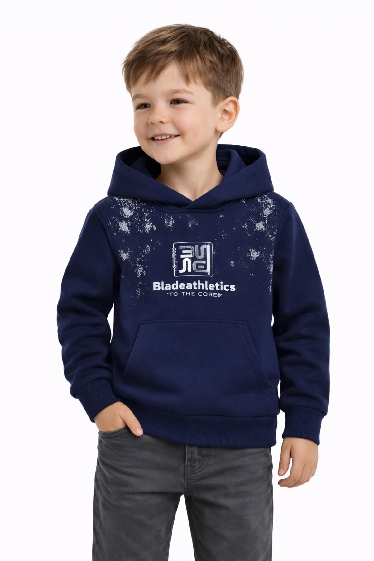 Erkek Çocuk Önü Arkası Baskılı Kapüşonlu Sweatshirt BGL-ST05246 LACİVERT - 7 YAŞ