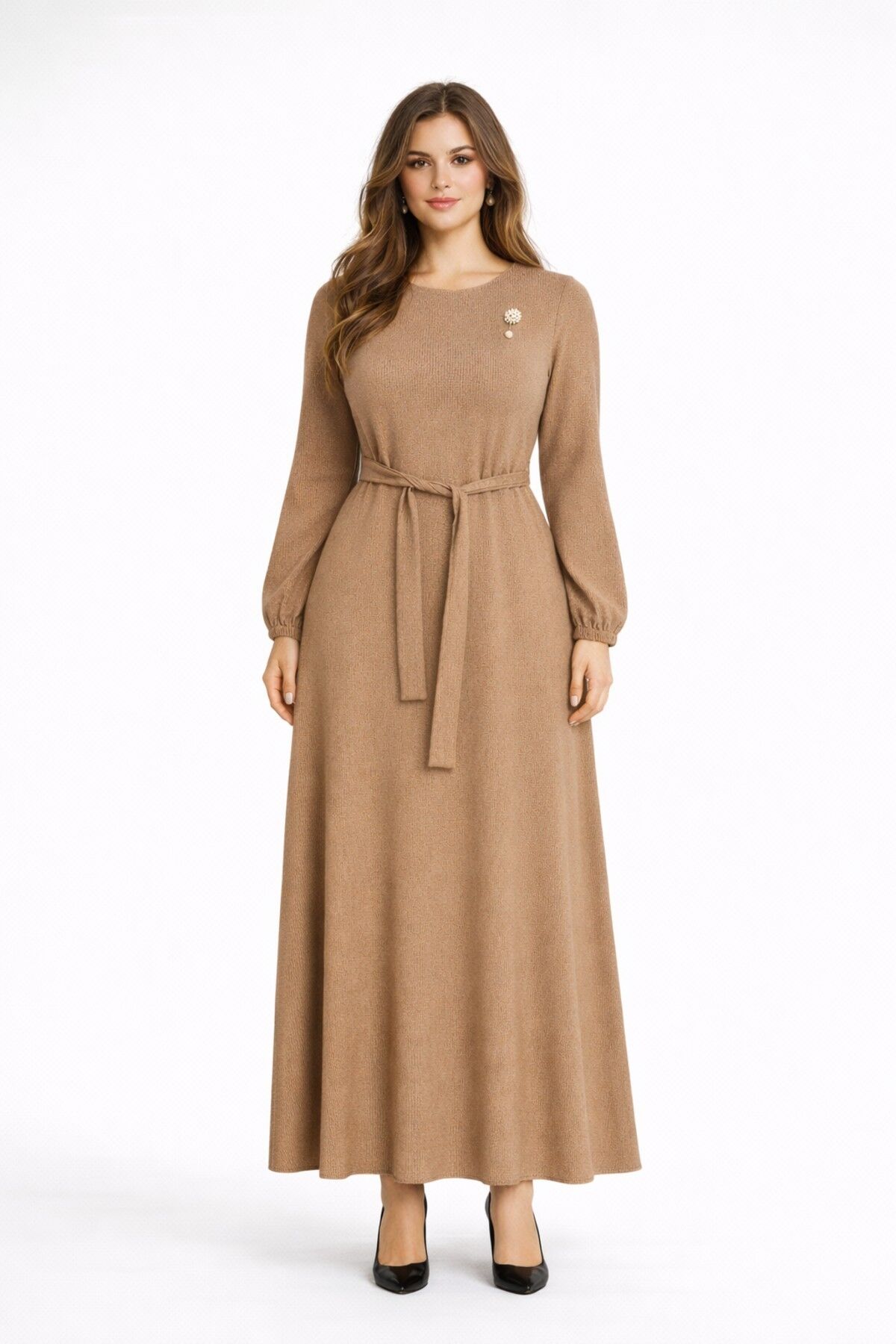 Kadın Bürümcük Uzun Kol Elbise BGL-ST03723 CAMEL - 40