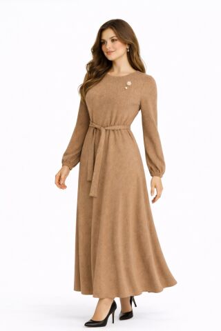 Kadın Bürümcük Uzun Kol Elbise BGL-ST03723 CAMEL - 40