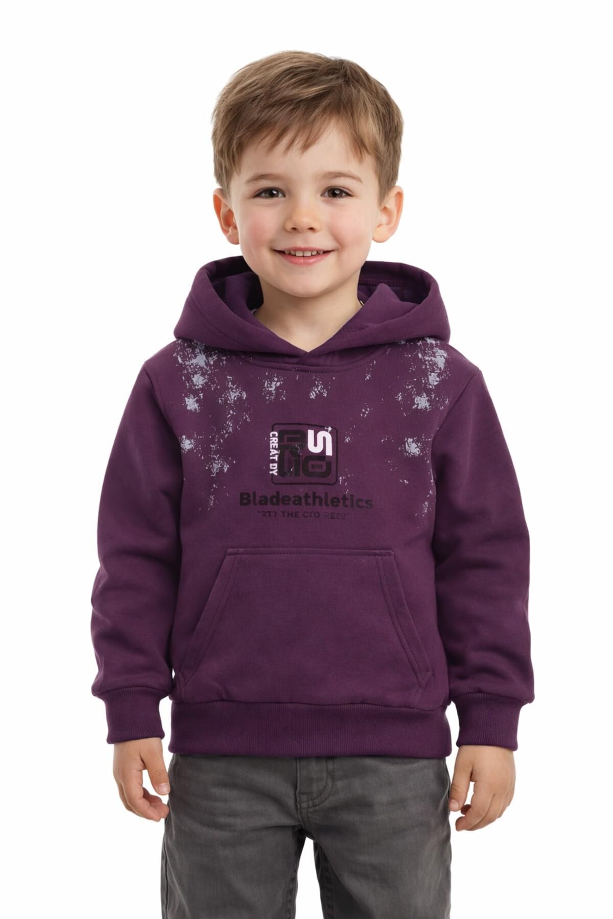 Erkek Çocuk Önü Arkası Baskılı Kapüşonlu Sweatshirt BGL-ST05246 MÜRDÜM - 5 Yaş