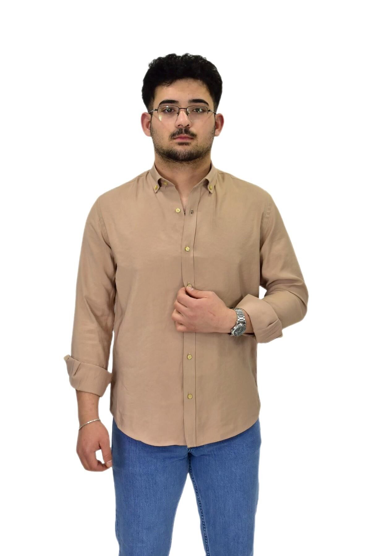 Erkek Spor Silim Fit Uzun Kol Gömlek G5019 BGL-ST04493 BEJ - L