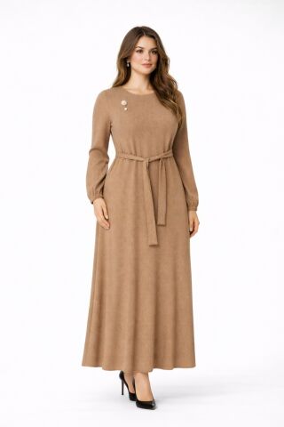 Kadın Bürümcük Uzun Kol Elbise BGL-ST03723 CAMEL - 42