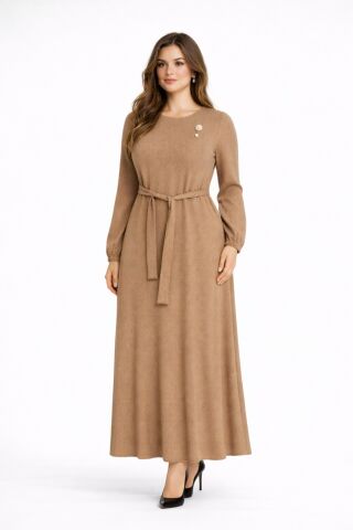 Kadın Bürümcük Uzun Kol Elbise BGL-ST03723 CAMEL - 42