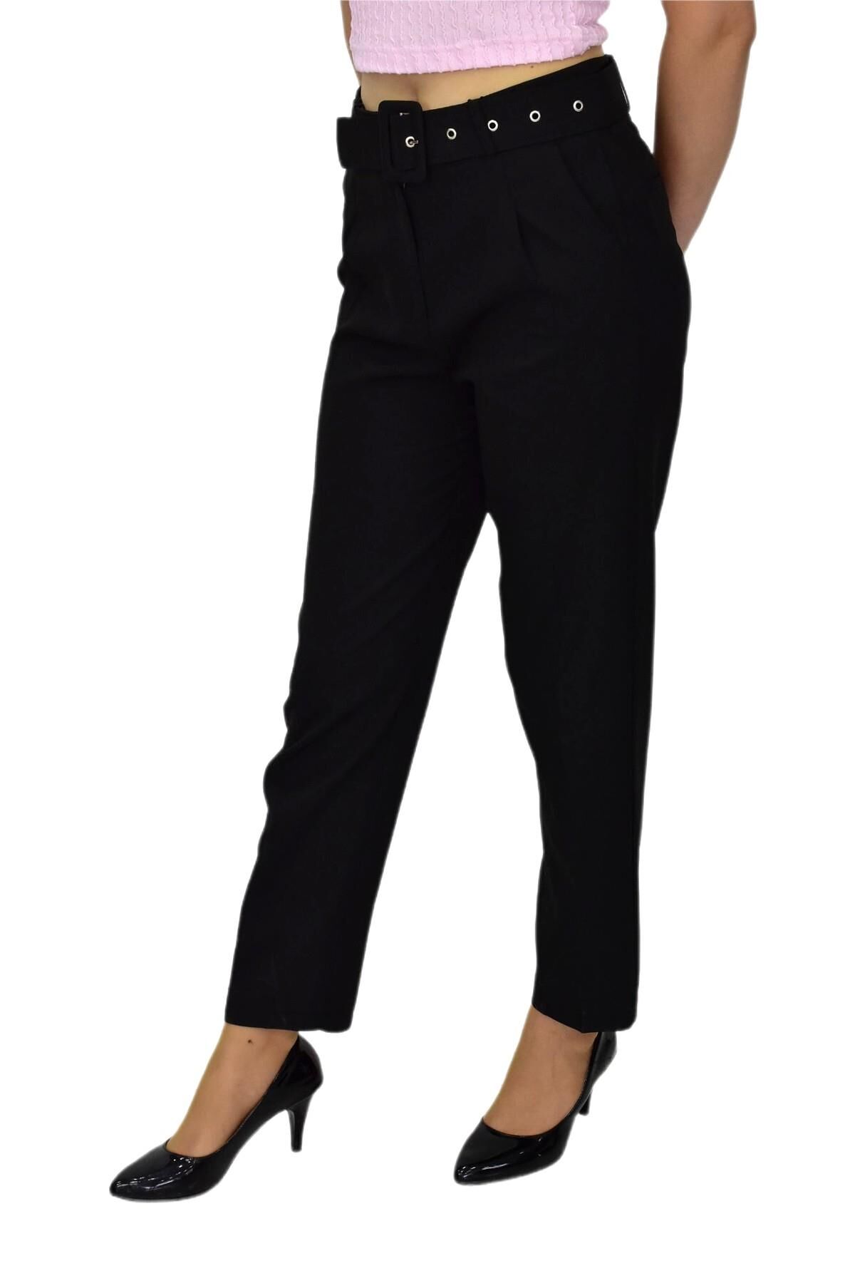 Kadın Büyük Beden Kemerli Pantolon BGL-ST03691 SİYAH - 50