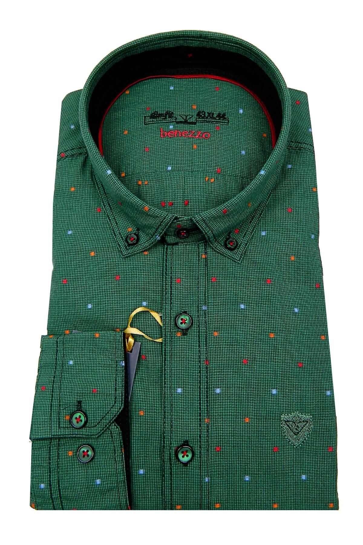 Erkek Slim Fit Puantiyeli Gömlek 59217 YEŞİL - S