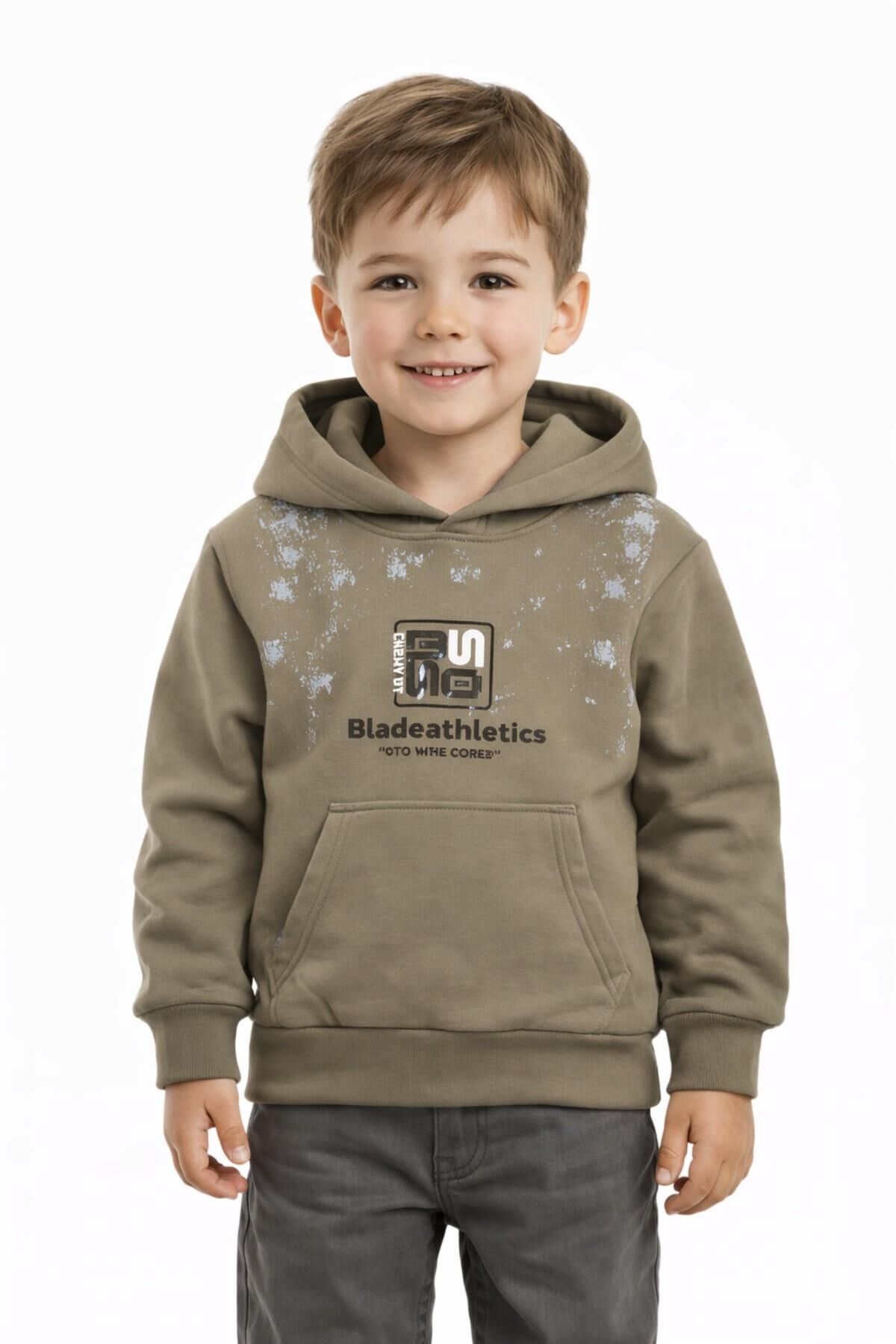 Erkek Çocuk Önü Arkası Baskılı Kapüşonlu Sweatshirt BGL-ST05246 VİZON - 5 Yaş