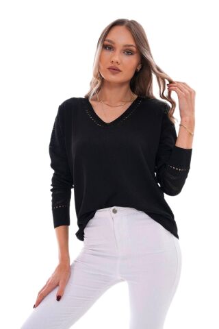 Kadın V Yaka Kol Desenli Kazak 12793 BGL-ST04096 SİYAH - M/L