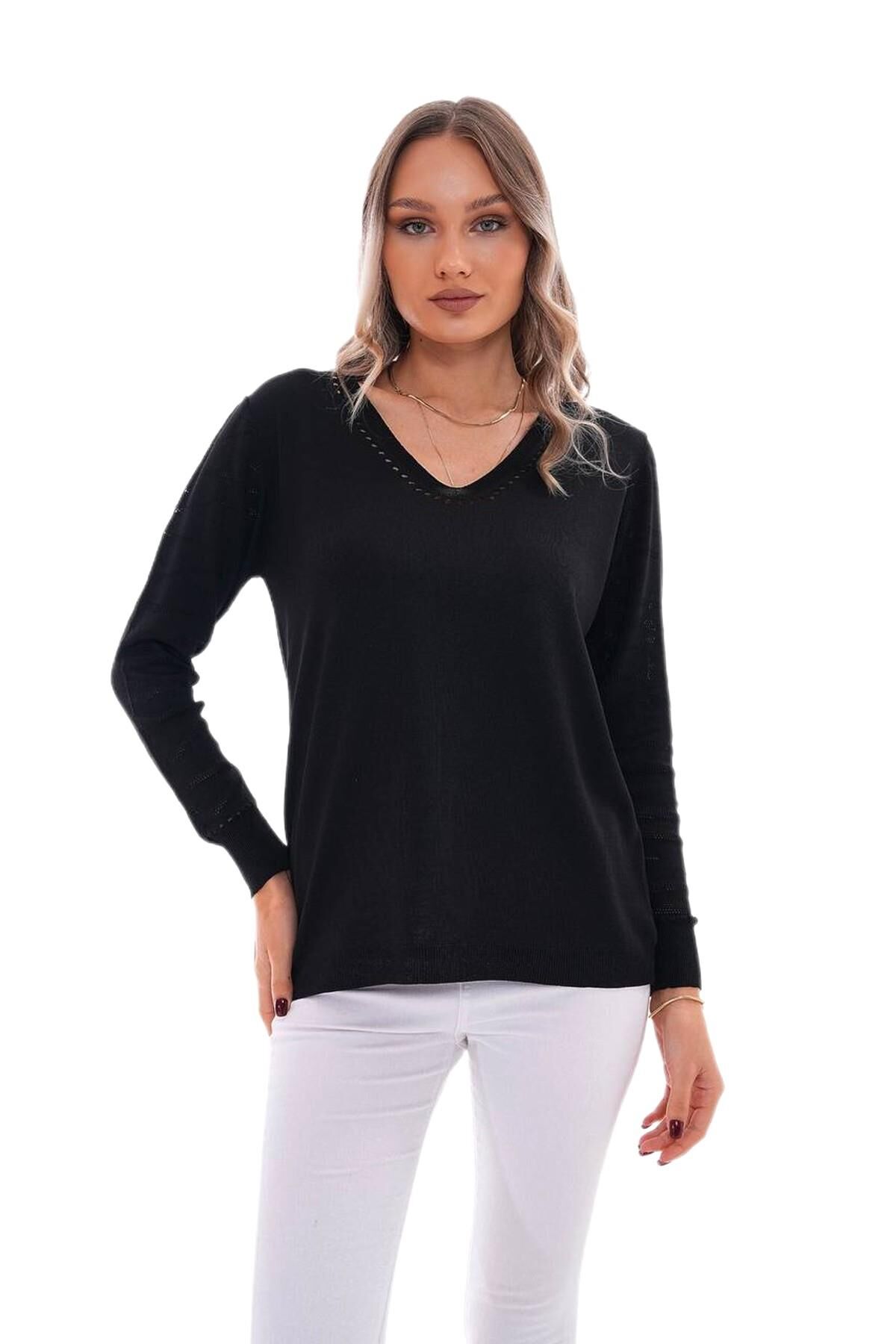Kadın V Yaka Kol Desenli Kazak 12793 BGL-ST04096 SİYAH - M/L