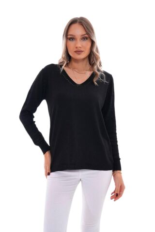 Kadın V Yaka Kol Desenli Kazak 12793 BGL-ST04096 SİYAH - M/L