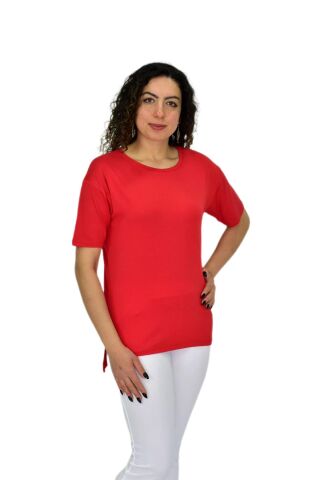 Kadın Yarım Kol Sıfıryaka Likralı Tişöt  BGL-ST04652 KIRMIZI - S