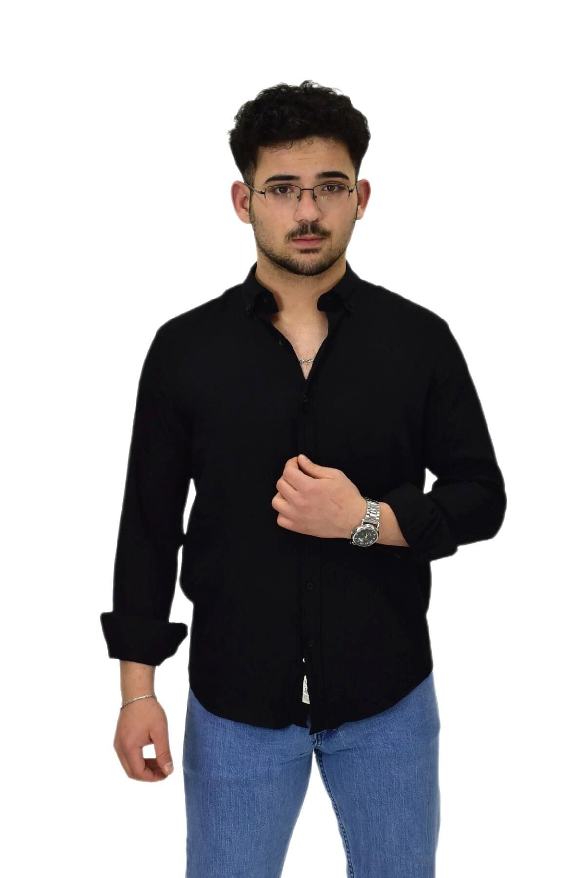 Erkek Spor Silim Fit Uzun Kol Gömlek G5019 BGL-ST04493 SİYAH - L