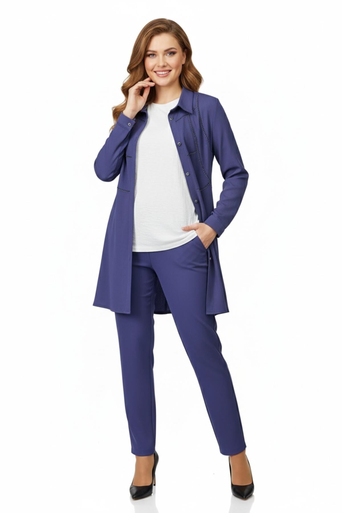 Kadın Taşlı Bluz Pantolon Tunik 3 Lü Takım BGL-ST04733 MAVİ - 40