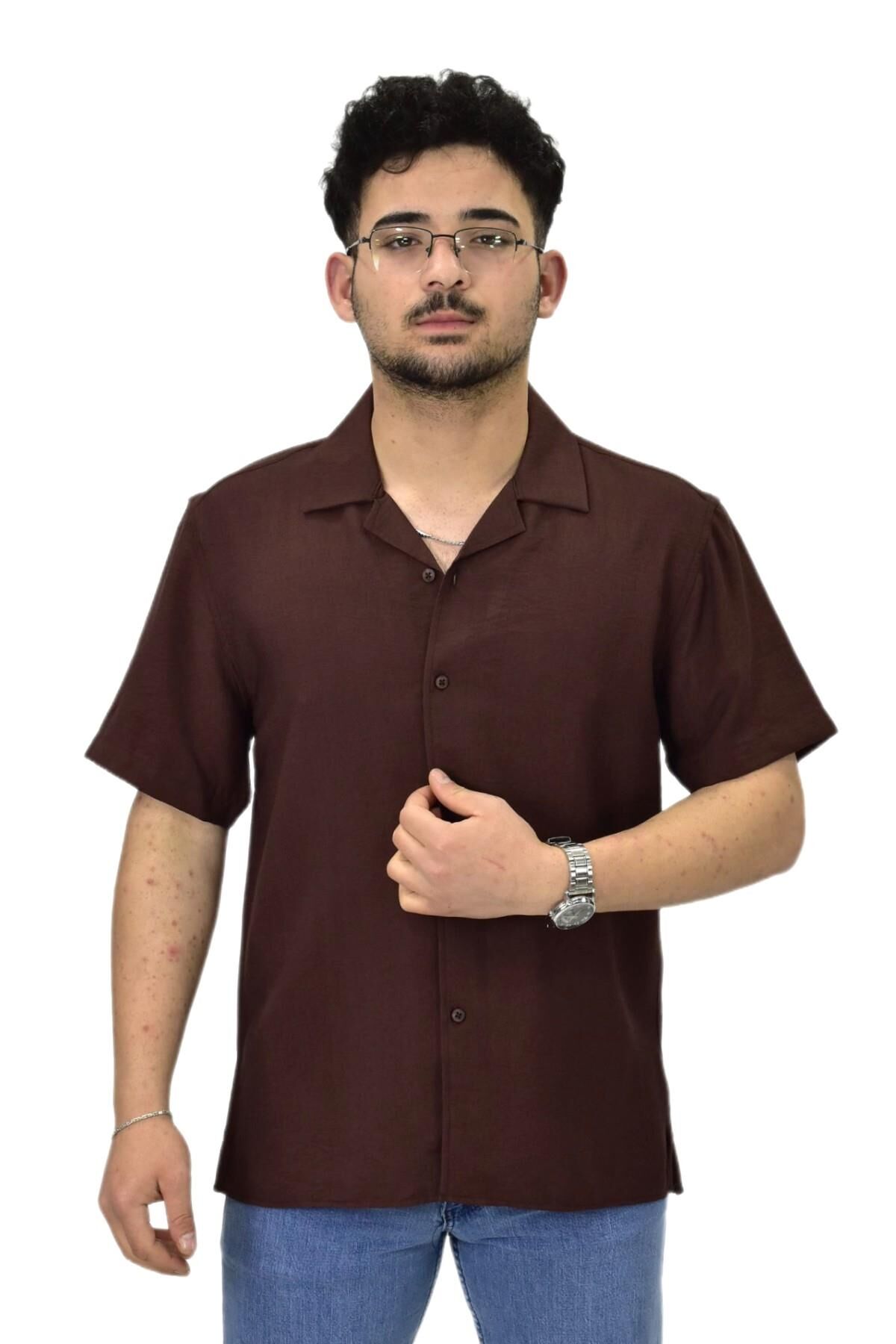 Erkek Spor Silim Fit Kısa Kol Gömlek G5031 BGL-ST04497 KAHVE - 2XL
