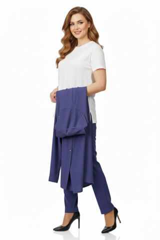 Kadın Taşlı Bluz Pantolon Tunik 3 Lü Takım BGL-ST04733 MAVİ - 42