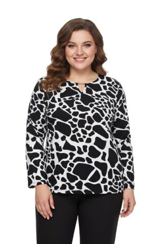 Kadın V Yaka Modelli Baskılı Bluz BGL-ST05103 SİYAH - 2XL