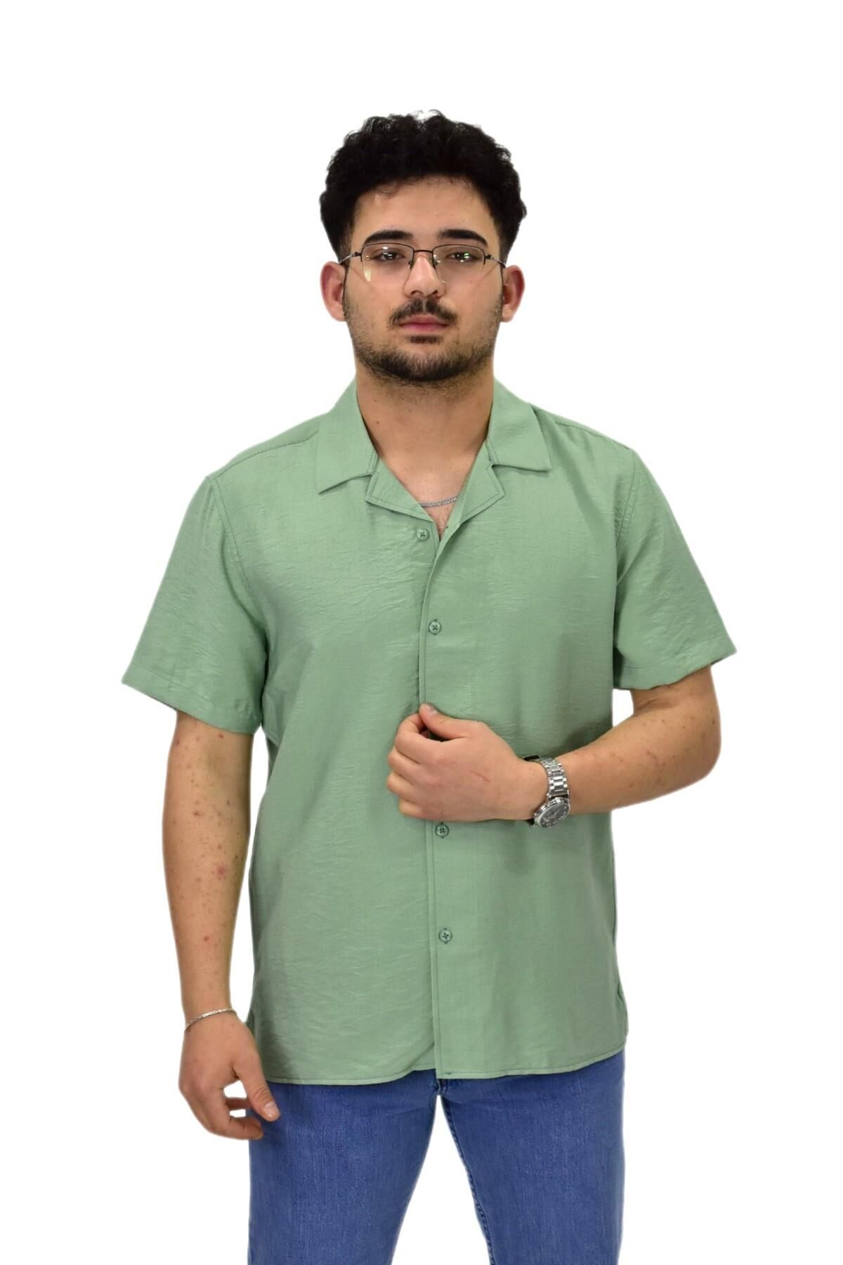 Erkek Spor Silim Fit Kısa Kol Gömlek G5031 BGL-ST04497 MİNT-YEŞİLİ - L