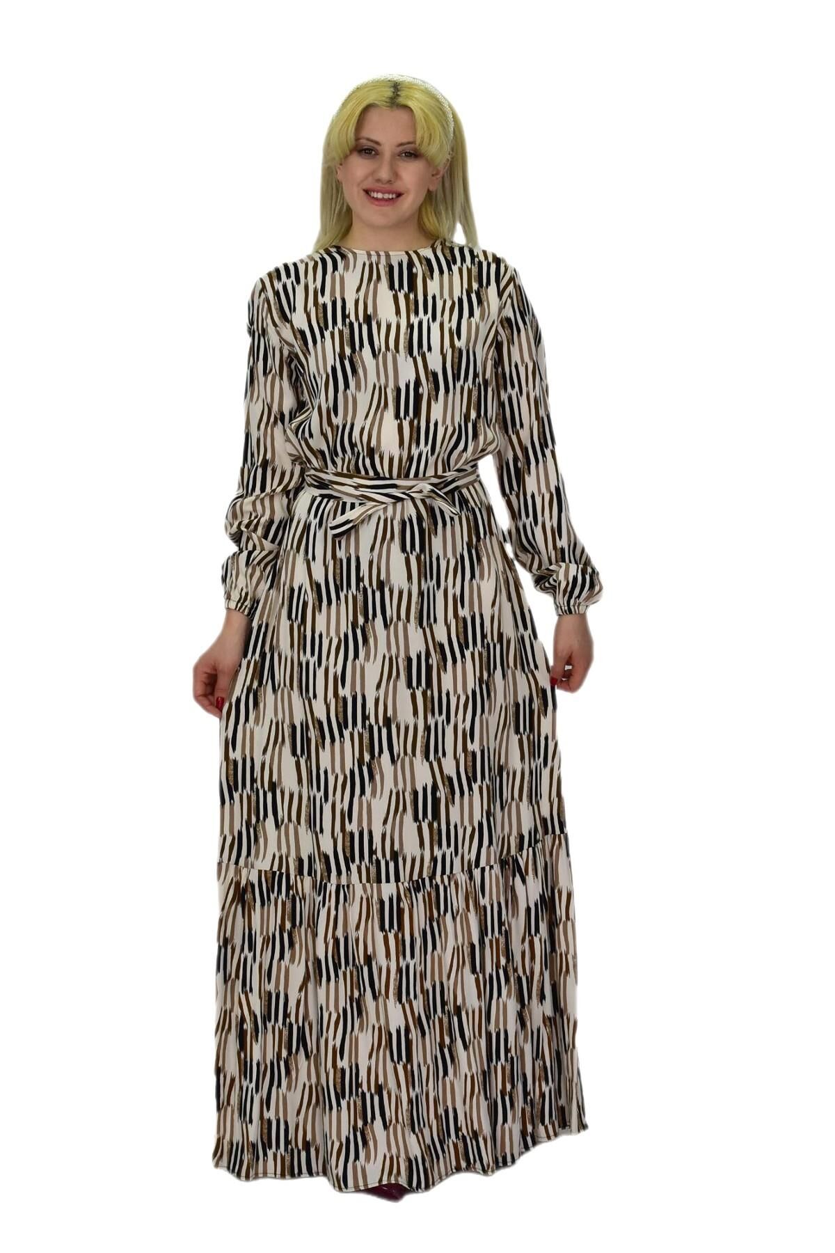 Kadın Empirme Çizğili Elbise BGL-ST03515 CAMEL - S