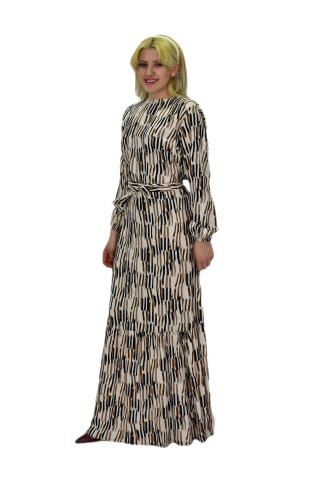 Kadın Empirme Çizğili Elbise BGL-ST03515 CAMEL - S