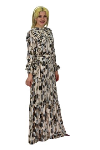 Kadın Empirme Çizğili Elbise BGL-ST03515 CAMEL - S