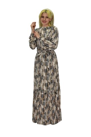 Kadın Empirme Çizğili Elbise BGL-ST03515 CAMEL - S