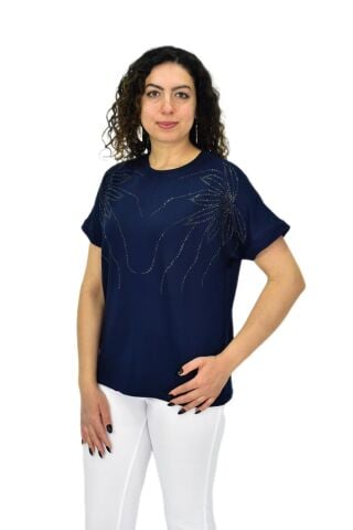 Kadın Yarım Kol Sıfıryaka Taşlı Likralı Tişöt  BGL-ST04655 SİYAH - M/L