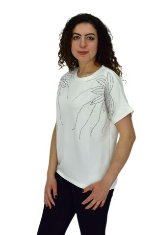 Kadın Yarım Kol Sıfıryaka Taşlı Likralı Tişöt  BGL-ST04655 EKRU - M/L