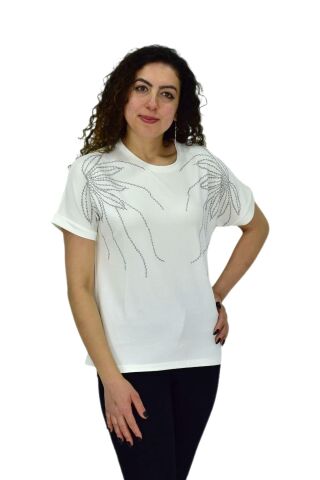 Kadın Yarım Kol Sıfıryaka Taşlı Likralı Tişöt  BGL-ST04655 EKRU - M/L