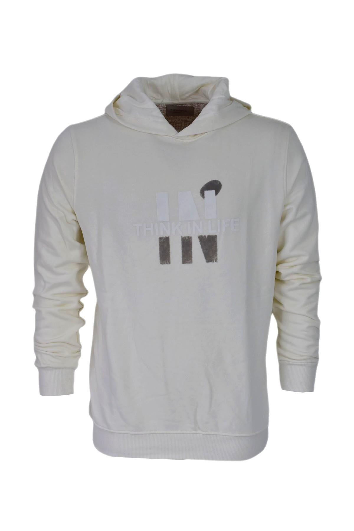 Erkek Kapüşonlu Baskılı Basic Sweatshirt R2222 BGL-ST03194 EKRU - M