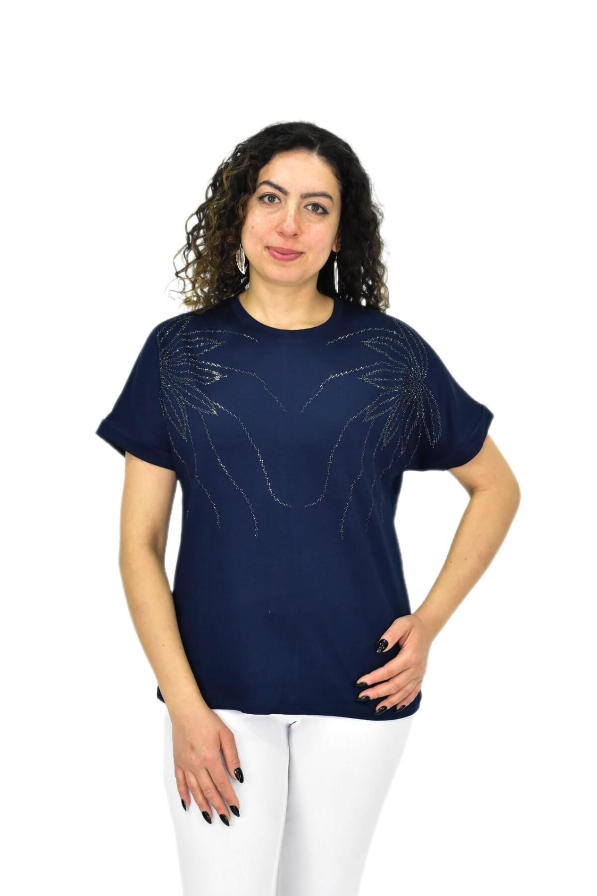 Kadın Yarım Kol Sıfıryaka Taşlı Likralı Tişöt  BGL-ST04655 LACİVERT - M/L