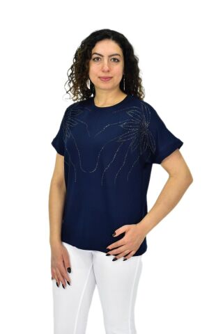 Kadın Yarım Kol Sıfıryaka Taşlı Likralı Tişöt  BGL-ST04655 LACİVERT - M/L