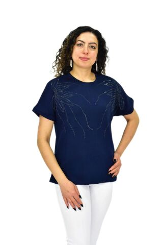 Kadın Yarım Kol Sıfıryaka Taşlı Likralı Tişöt  BGL-ST04655 LACİVERT - M/L