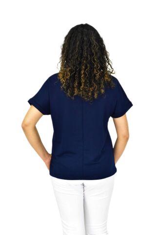 Kadın Yarım Kol Sıfıryaka Taşlı Likralı Tişöt  BGL-ST04655 LACİVERT - M/L