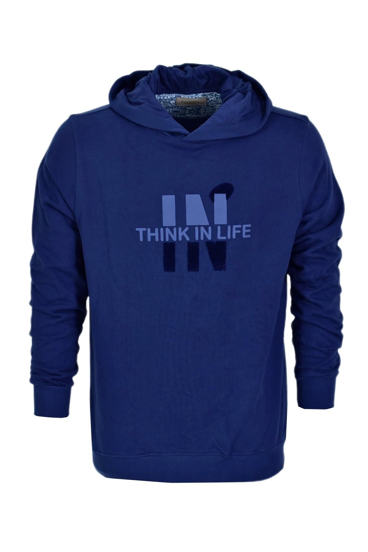 Erkek Kapüşonlu Baskılı Basic Sweatshirt R2222 BGL-ST03194 İNDİGO - 2XL