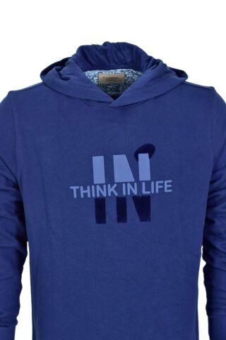 Erkek Kapüşonlu Baskılı Basic Sweatshirt R2222 BGL-ST03194 İNDİGO - 2XL