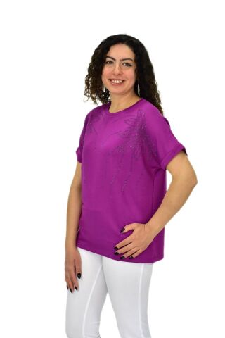 Kadın Yarım Kol Sıfıryaka Taşlı Likralı Tişöt  BGL-ST04655 MOR - M/L