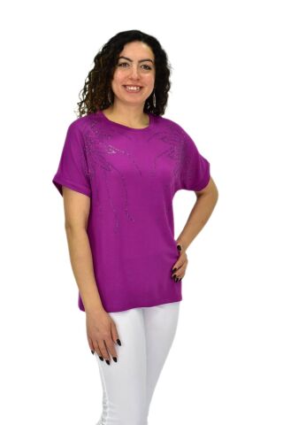 Kadın Yarım Kol Sıfıryaka Taşlı Likralı Tişöt  BGL-ST04655 MOR - M/L