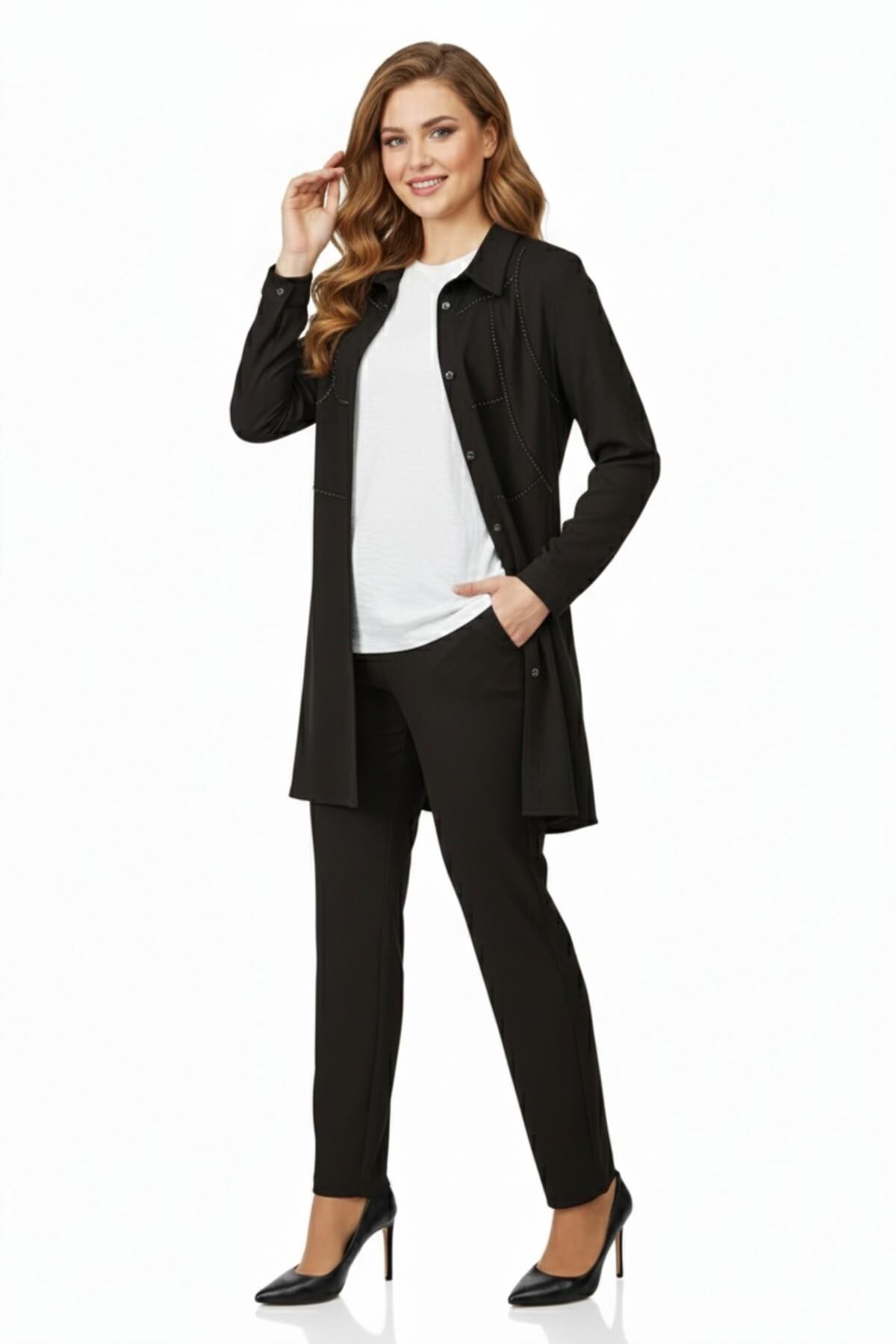 Kadın Taşlı Bluz Pantolon Tunik 3 Lü Takım BGL-ST04733 SİYAH - 48