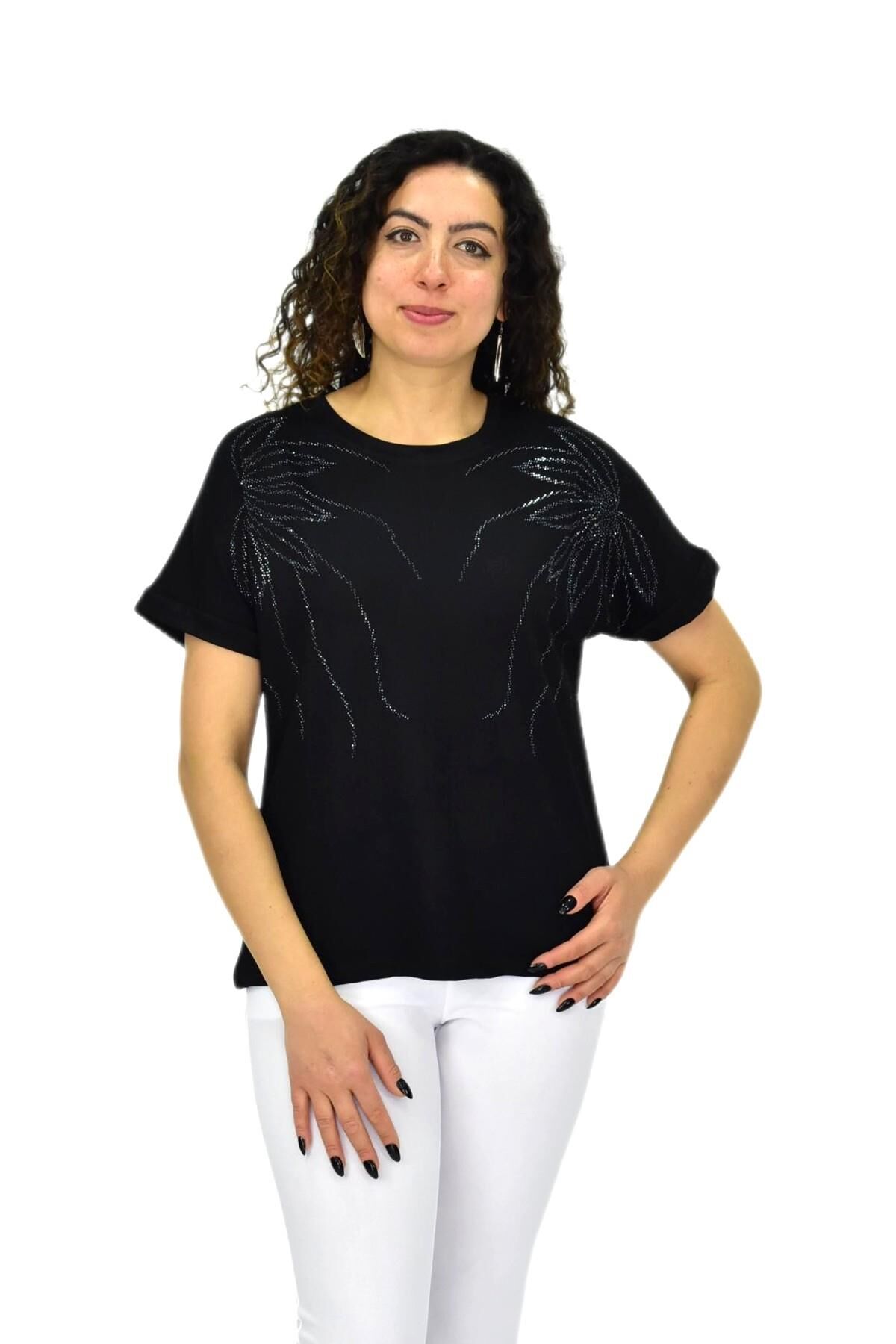 Kadın Yarım Kol Sıfıryaka Taşlı Likralı Tişöt  BGL-ST04655 SİYAH - M/L