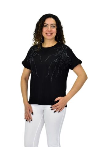 Kadın Yarım Kol Sıfıryaka Taşlı Likralı Tişöt  BGL-ST04655 SİYAH - M/L