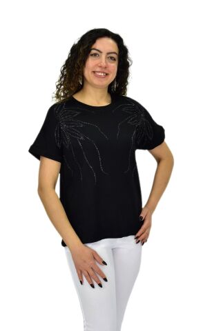 Kadın Yarım Kol Sıfıryaka Taşlı Likralı Tişöt  BGL-ST04655 SİYAH - M/L