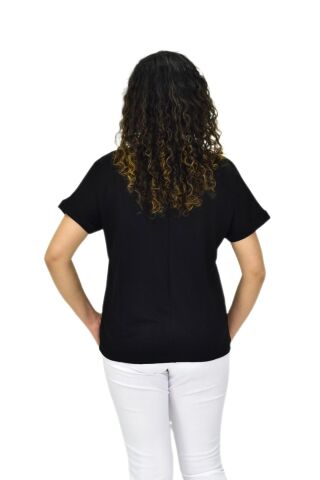 Kadın Yarım Kol Sıfıryaka Taşlı Likralı Tişöt  BGL-ST04655 SİYAH - M/L