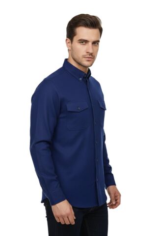 Erkek Kışlık Slim Fitt Uzun Kol Çift Cep Kapak Gömlek 2414 BGL-ST04797 LACİVERT - L