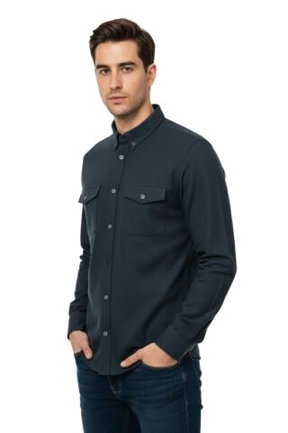 Erkek Kışlık Slim Fitt Uzun Kol Çift Cep Kapak Gömlek 2414 BGL-ST04797 LACİVERT - L