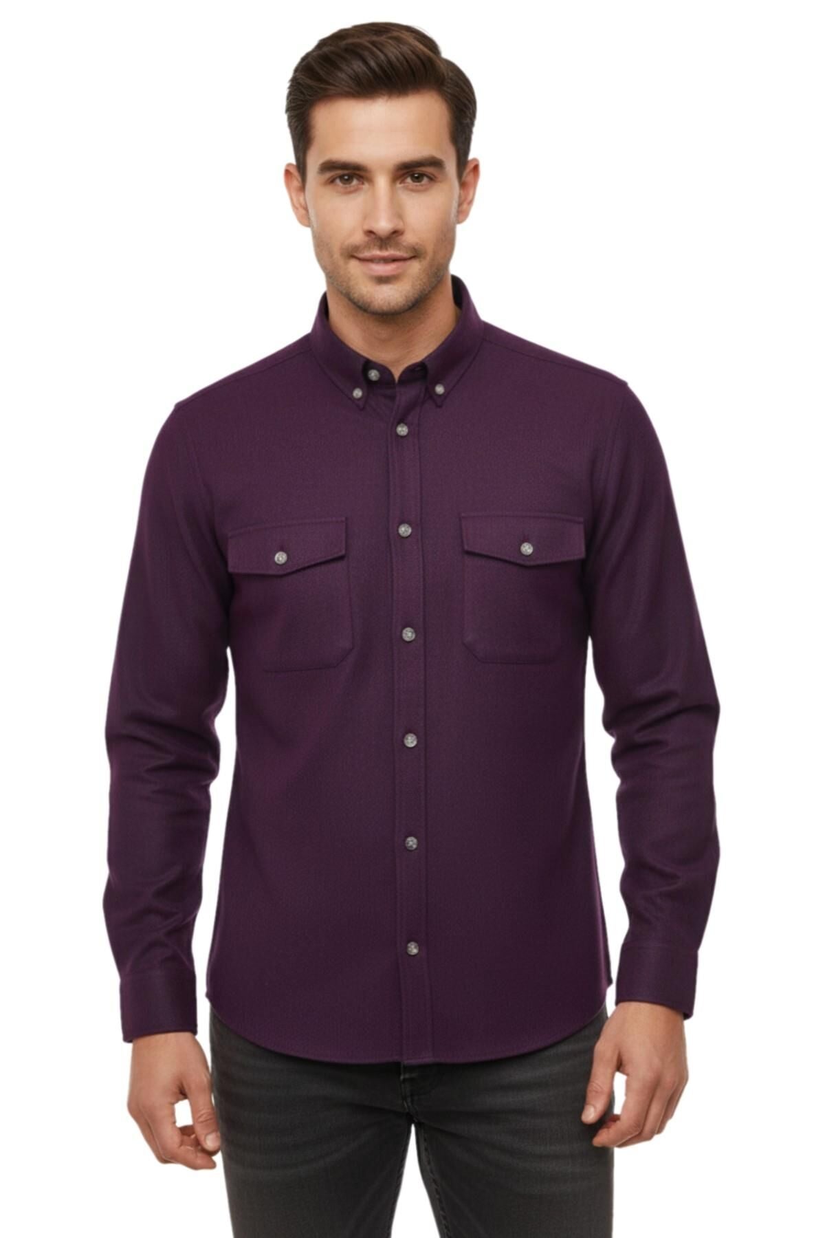 Erkek Kışlık Slim Fitt Uzun Kol Çift Cep Kapak Gömlek 2414 BGL-ST04797 BORDO - S
