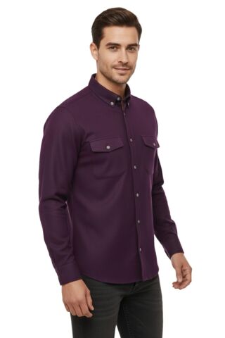 Erkek Kışlık Slim Fitt Uzun Kol Çift Cep Kapak Gömlek 2414 BGL-ST04797 BORDO - S